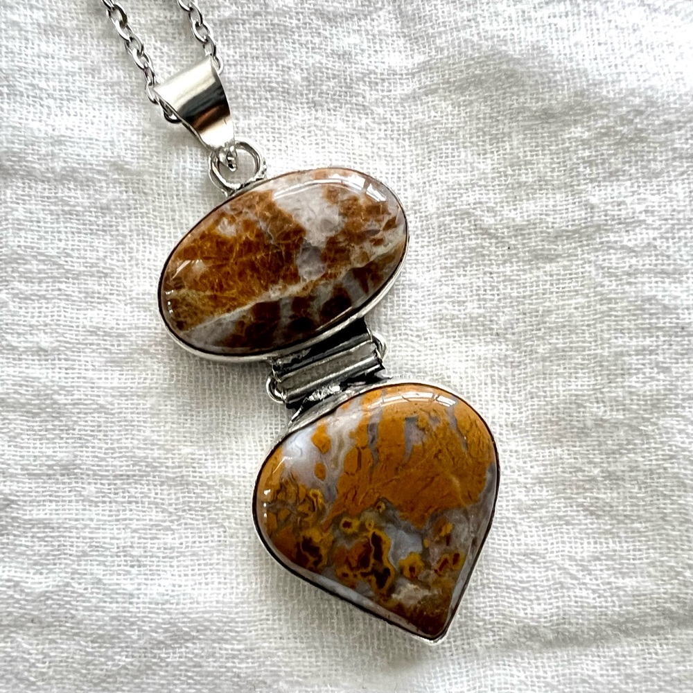 925 Double Yellow Moss Agate Pendant Necklace - Picture 4 of 8